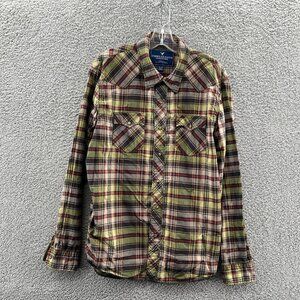 American Eagle Search Mens XL Pearl Snap Plaid Long Sleeve Vintage Fit Grey Red